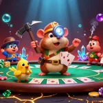Engage in thrilling games at rikvip, featuring slot reels and poker chips in a dynamic casino scene.