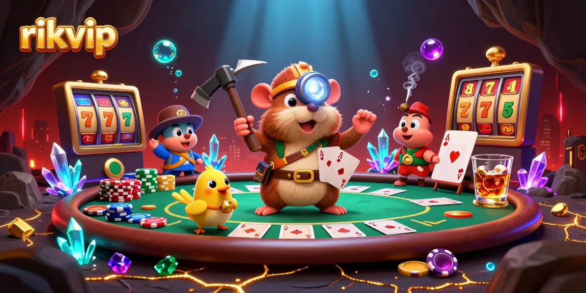 Engage in thrilling games at rikvip, featuring slot reels and poker chips in a dynamic casino scene.
