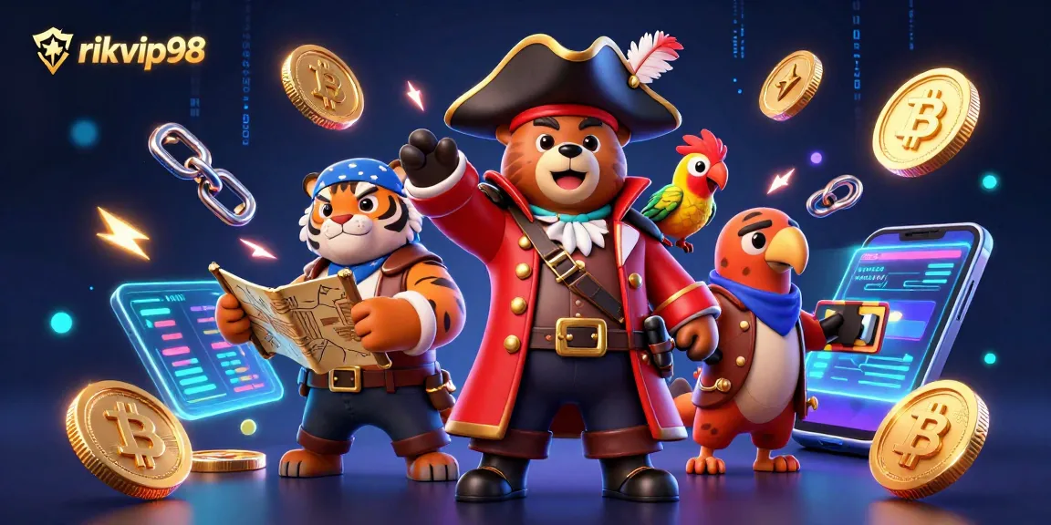 Engage with rikvip98 at this thrilling online casino showcase featuring vibrant pirates, crypto coins, and colorful game elements.